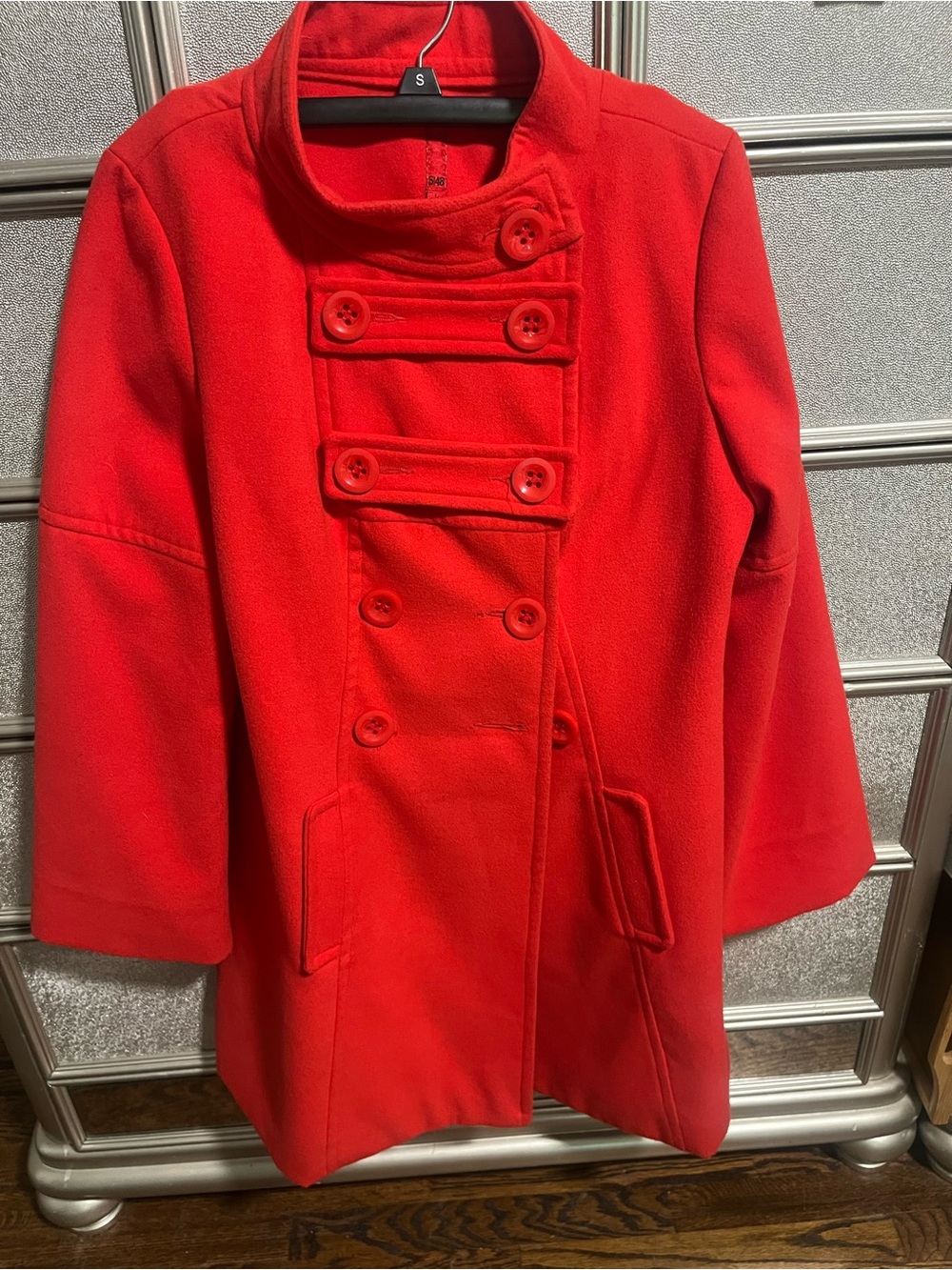 5/48 Bright Red Double-Breasted Pea Coat for Kids L or Women’s M